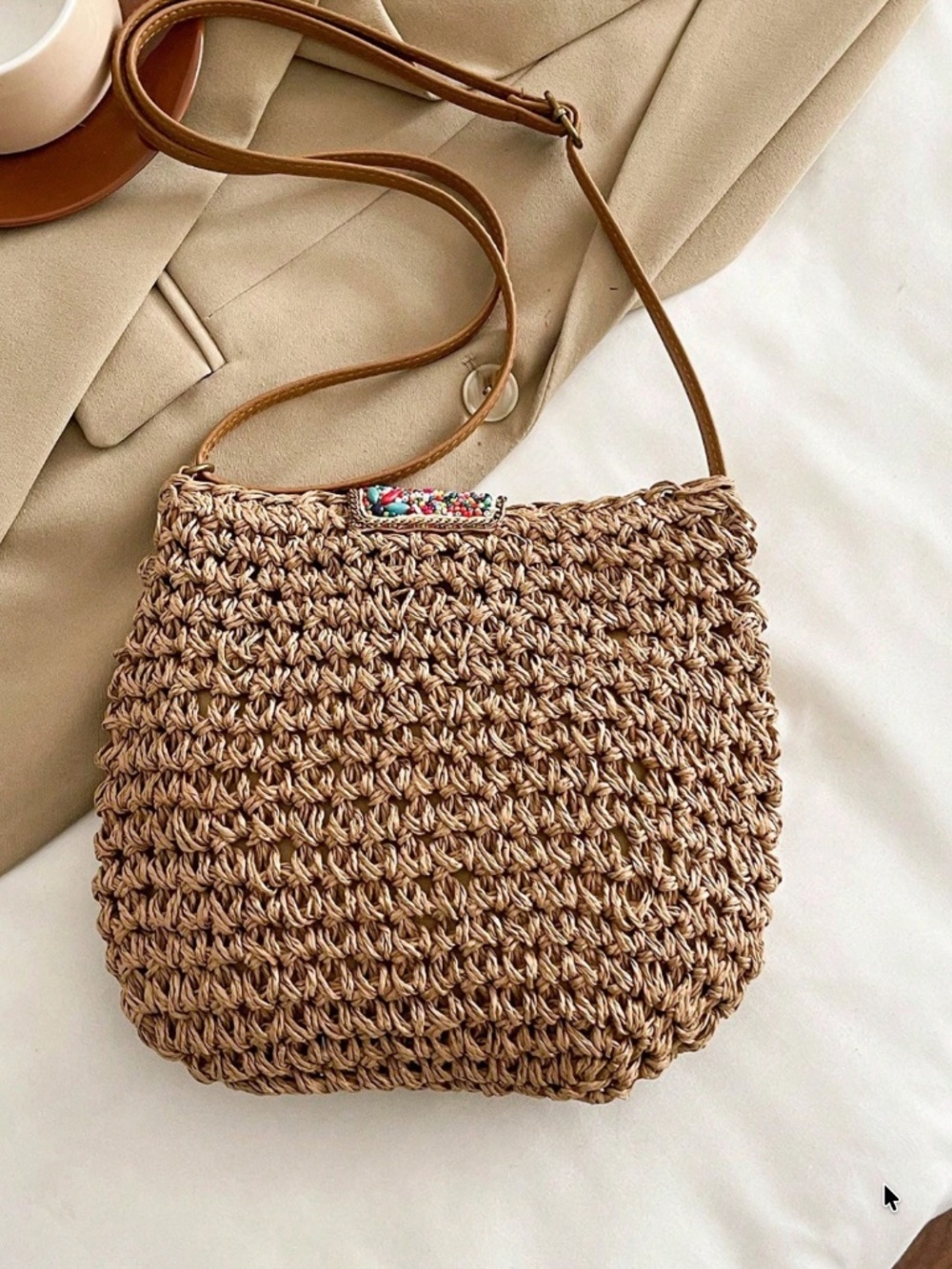 Boho colorful Beaded Straw Shoulder Crossbody Bag - Picture 5 of 7
